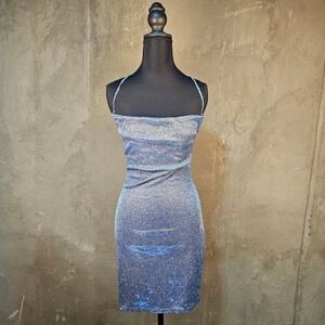 Blue Glitter Bodycon Mini Dress‎ Small Cowl Neck Open Back Lace Up Sparkle Small